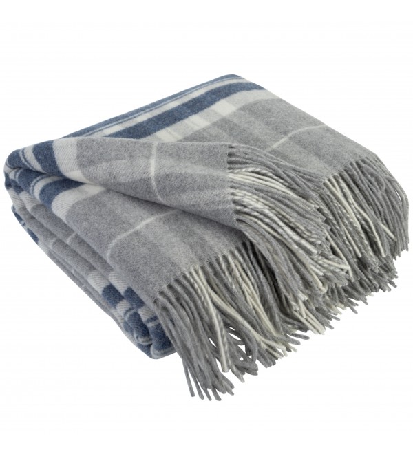 Couverture en cachemire avec motif tartan mérinos LoveYouHome (140x200 cm / gris avec bleu et blanc)