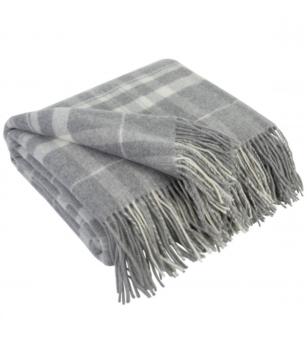 Couverture en laine de cachemire avec motif tartan LoveYouHome (140x200 cm / gris avec blanc)