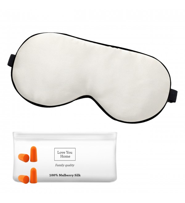 Masque de sommeil en soie avec bouchons d'oreille LoveYouHome (Blanc | 22 Momme)