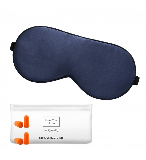 Masque de sommeil en soie avec bouchons d'oreilles LoveYouHome (Bleu foncé | 22 Momme)