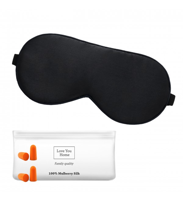 Masque de sommeil en soie avec bouchons d'oreilles LoveYouHome (Noir | 22 Momme)