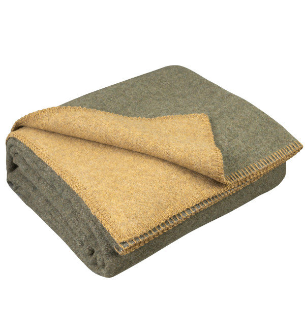 Couverture 80% laine mérinos LoveYouHome (130x170 cm / Vert olive - Moutarde)